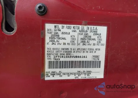 1997 Ford Ranger Splash/Xl/Xlt из США, поврежденный, VIN 1FTCR10A5VUB66161